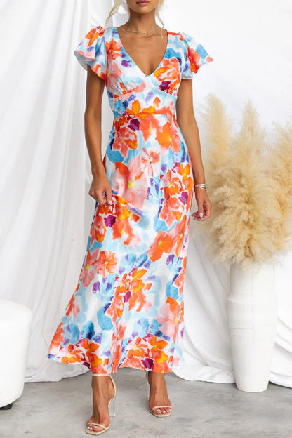 Print Contrast V Neck One Step Skirt Dresses