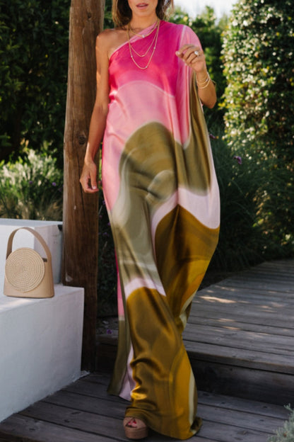 Print Backless Oblique Collar Long Dresses