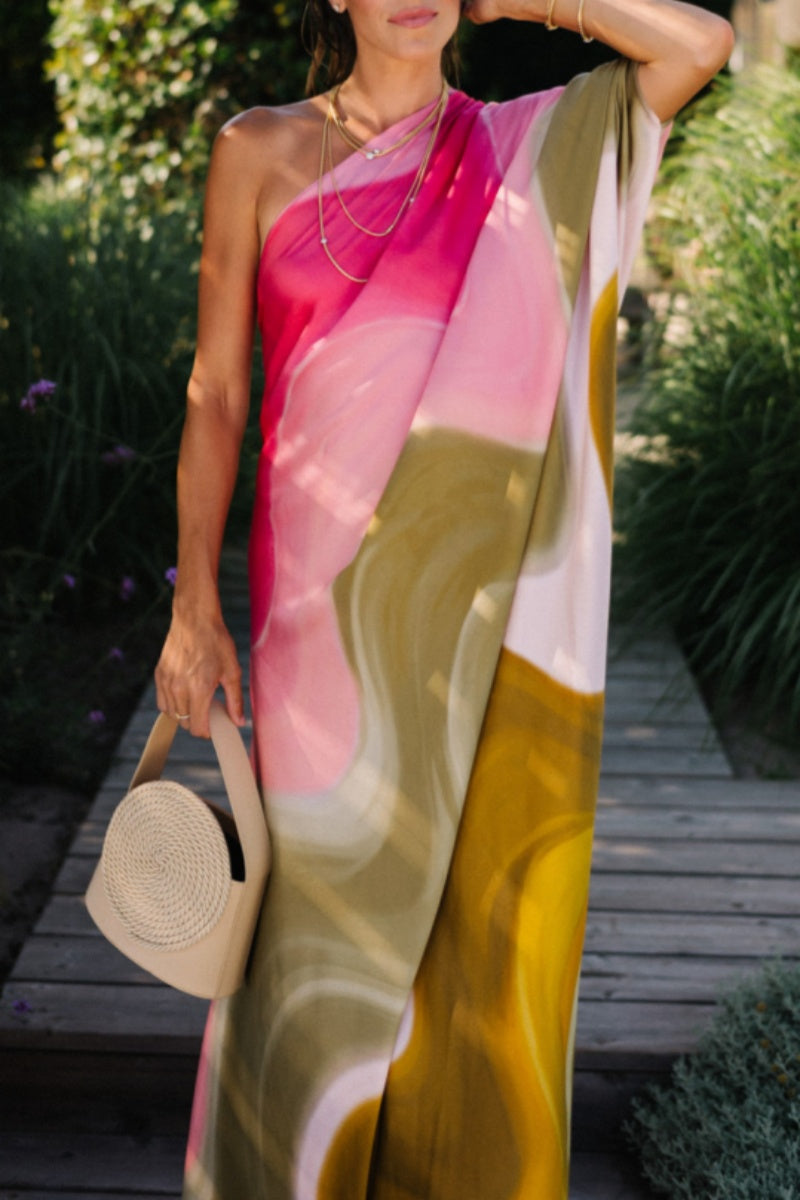Print Backless Oblique Collar Long Dresses