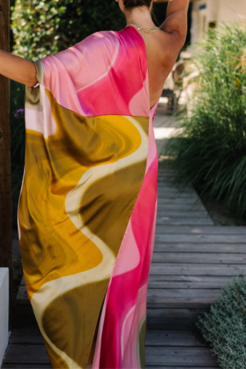 Print Backless Oblique Collar Long Dresses
