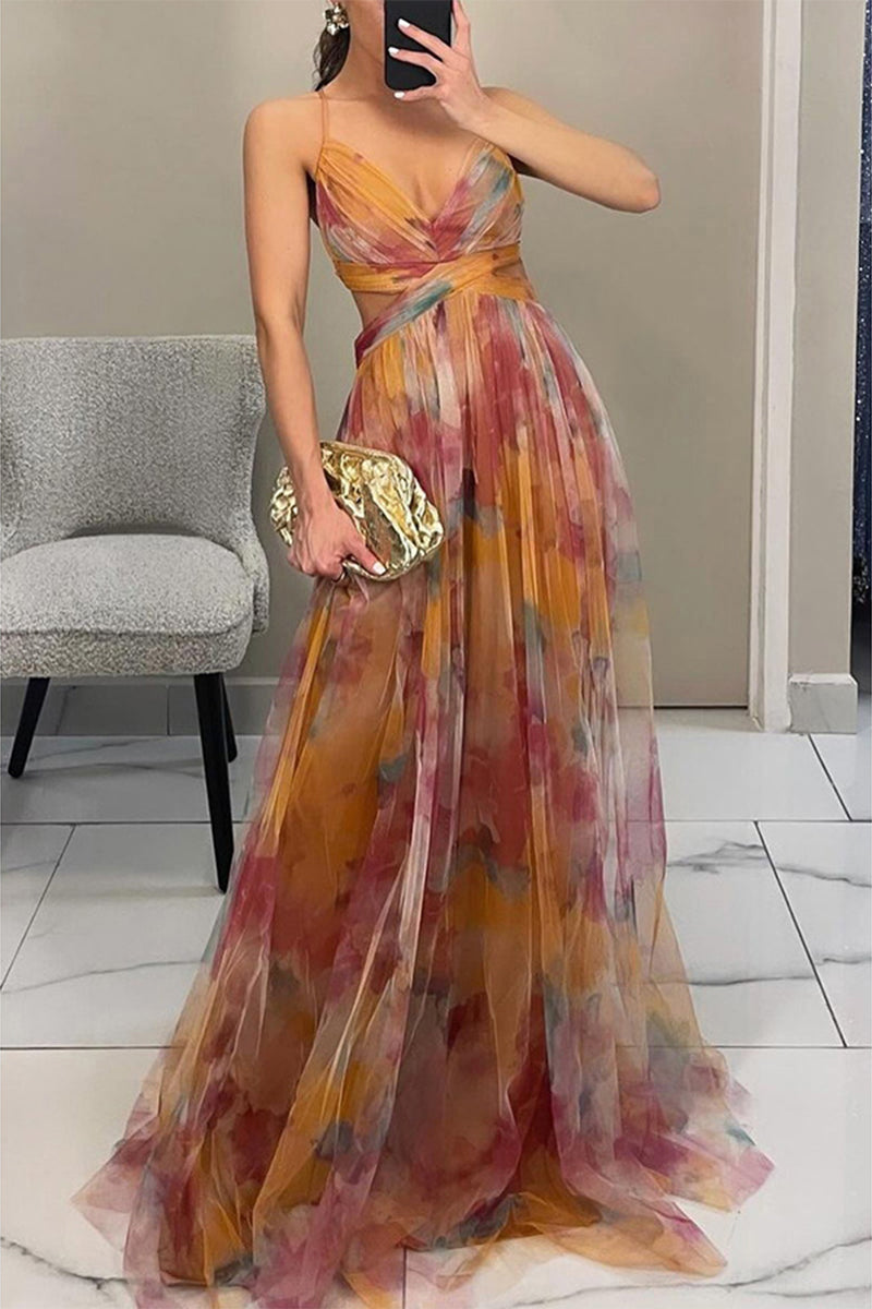 Gradient Print Backless Contrast V Neck Long Dresses