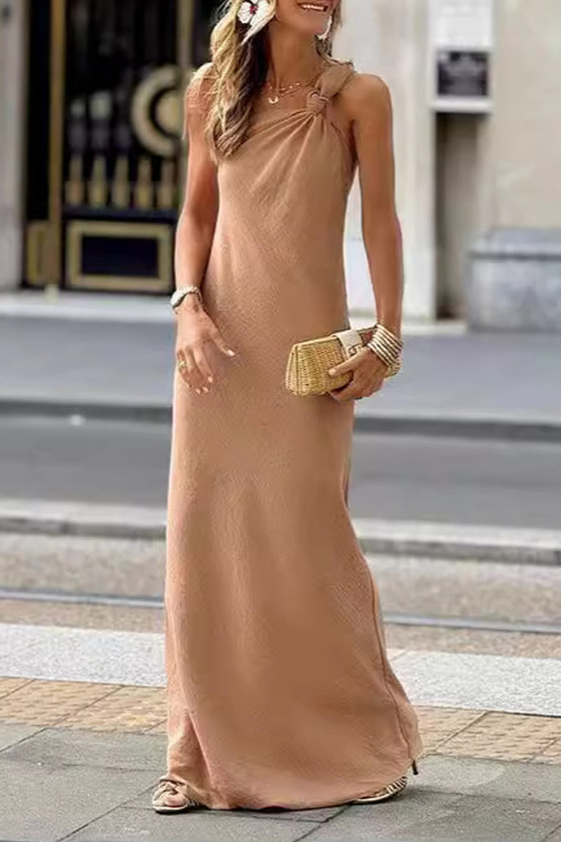 Street Color Knotted Sloping Shoulder One Step Skirt Dresses
