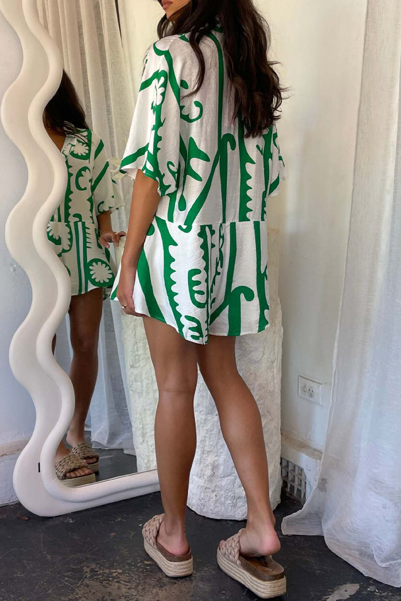 Daily Geometric Print Patchwork Turndown Collar Loose Rompers