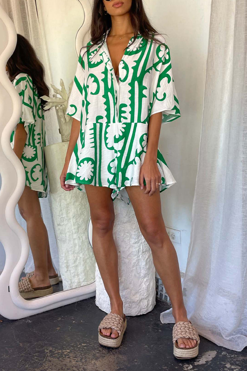 Daily Geometric Print Patchwork Turndown Collar Loose Rompers