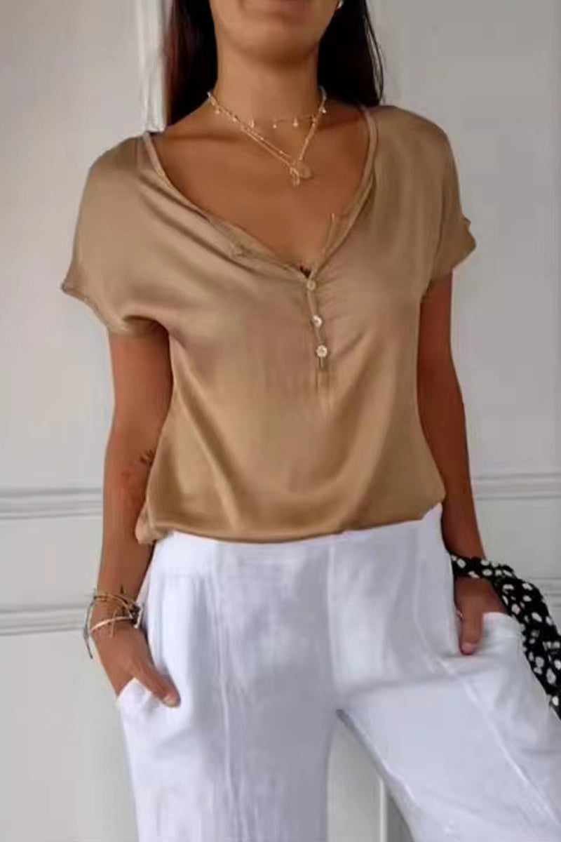 Daily Color Buttons V Neck T-shirts