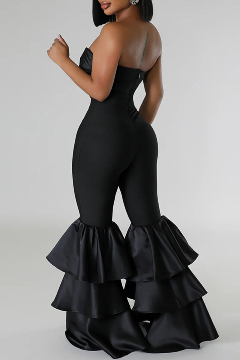 Color Backless Patchwork Strapless Skinny Jumpsuits