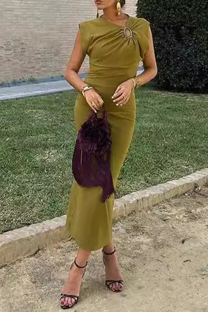 Daily Color Hollow Out Ruched O Neck One Step Skirt Dresses