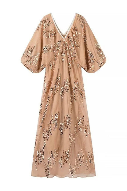 Celebrities Color Sequins V Neck One Step Skirt Dresses