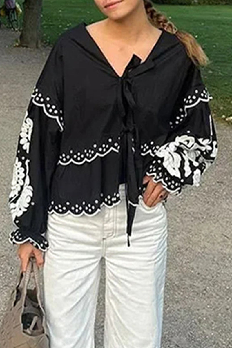 Color Hollow Out Lace Up Patchwork V Neck Blouses (3 Colors)