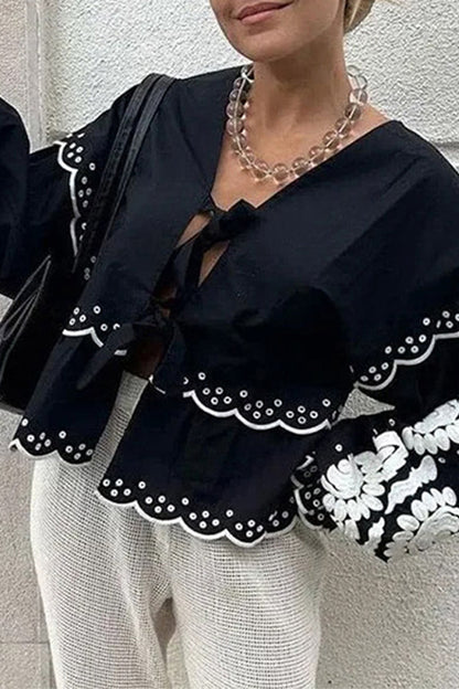 Color Hollow Out Lace Up Patchwork V Neck Blouses (3 Colors)