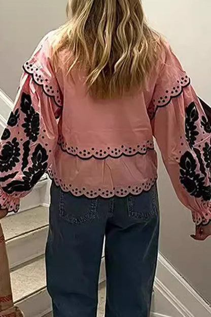 Color Hollow Out Lace Up Patchwork V Neck Blouses (3 Colors)