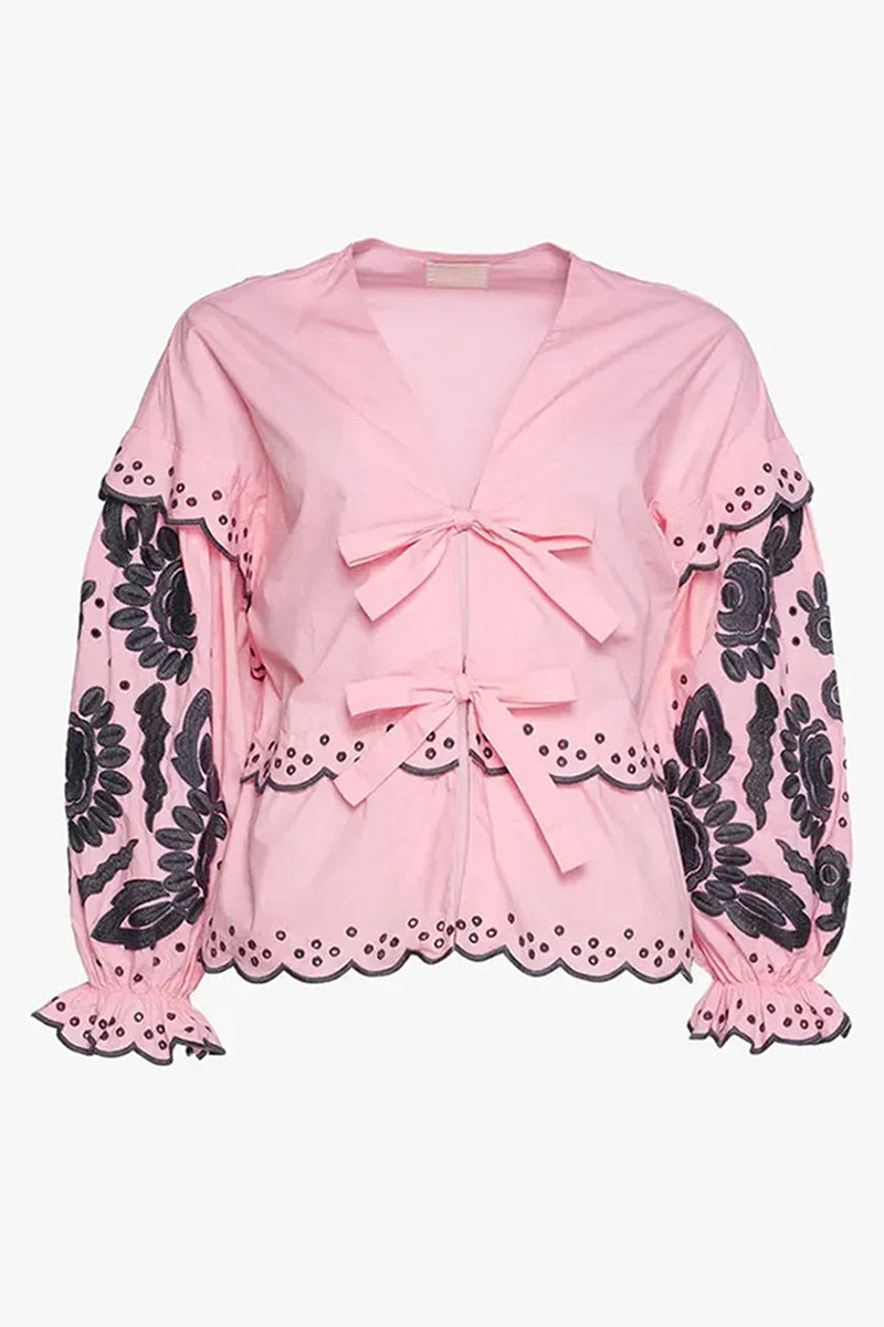 Color Hollow Out Lace Up Patchwork V Neck Blouses (3 Colors)