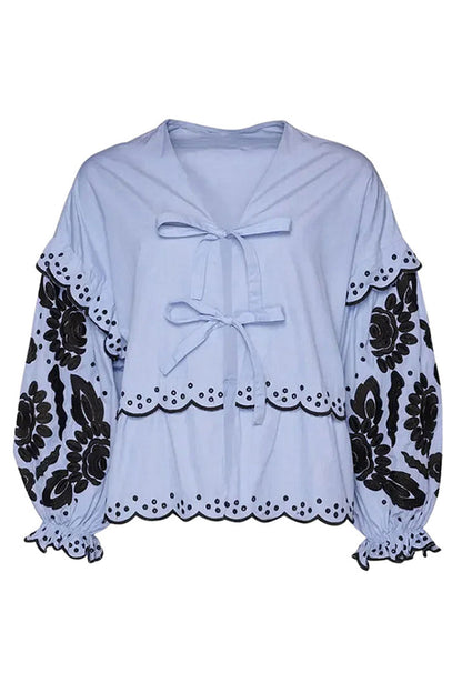 Color Hollow Out Lace Up Patchwork V Neck Blouses (3 Colors)