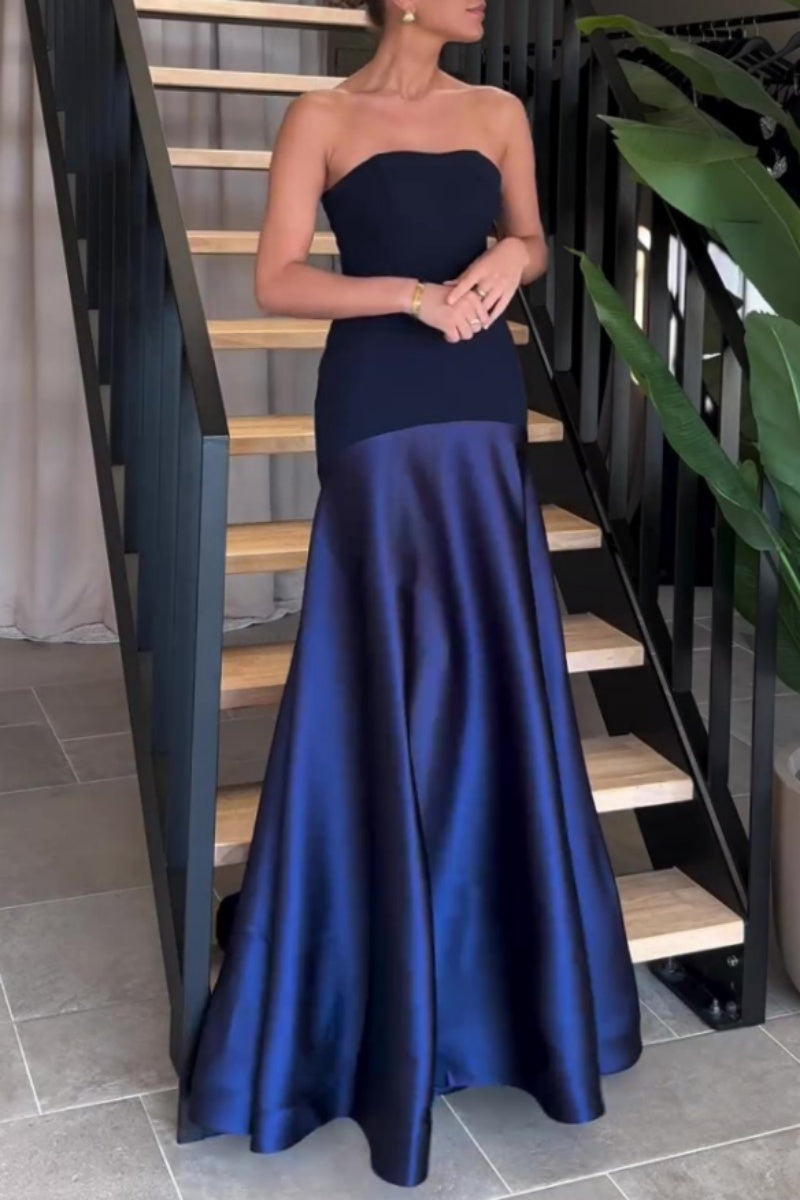 Formal Patchwork Backless Contrast Strapless Long Dresses