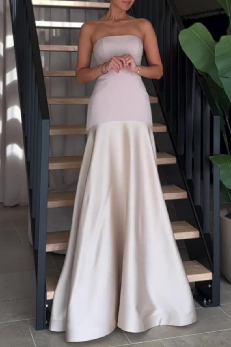 Formal Patchwork Backless Contrast Strapless Long Dresses