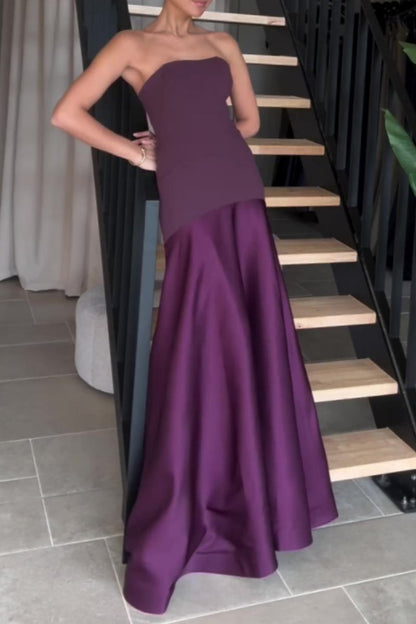 Formal Patchwork Backless Contrast Strapless Long Dresses
