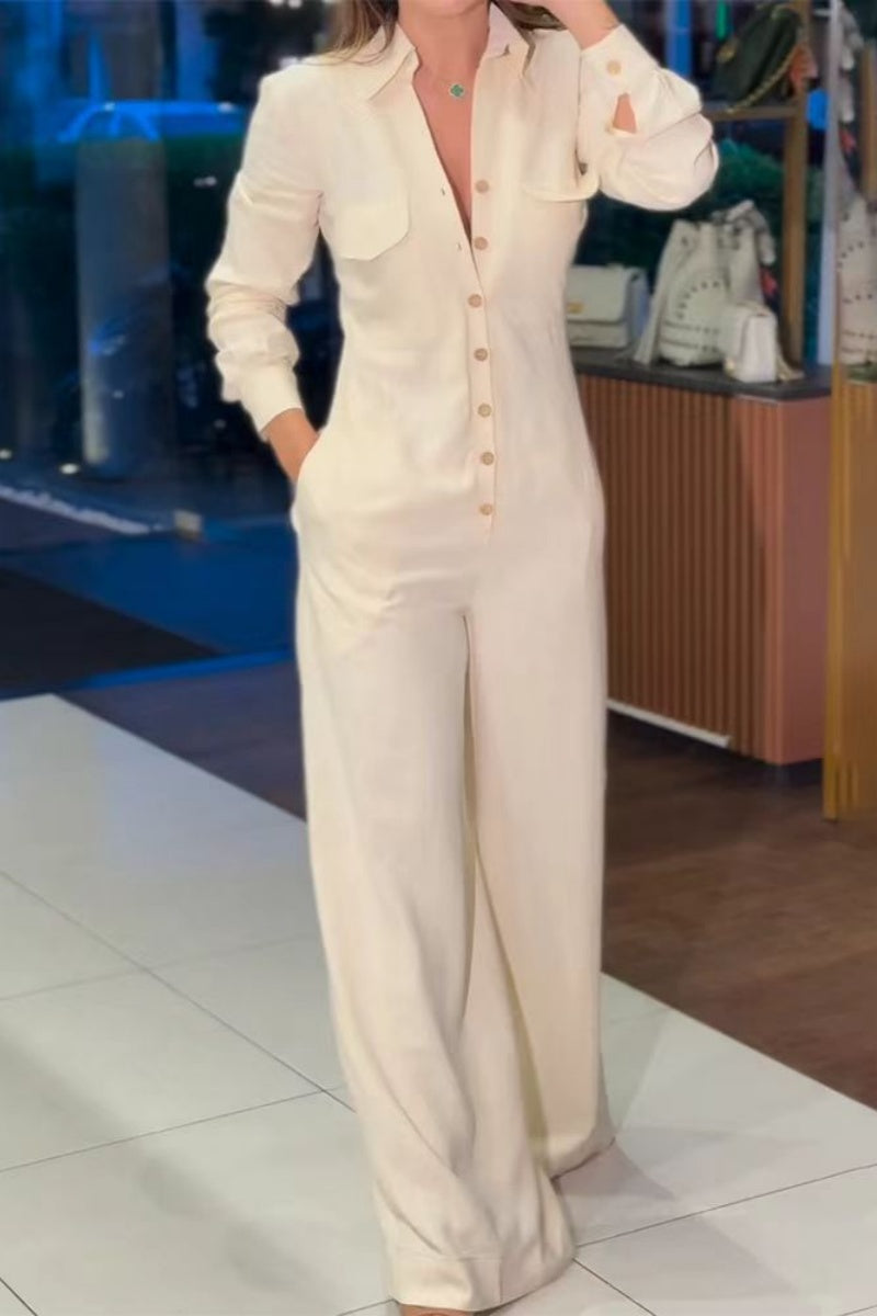 Color Pocket Turndown Collar Regular Jumpsuits