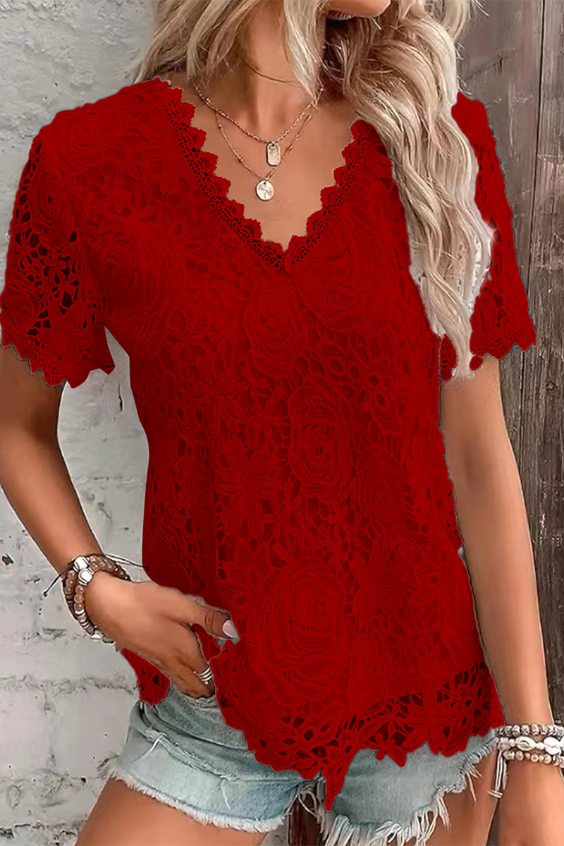 Daily Color Lace V Neck T-shirts(5 Colors)