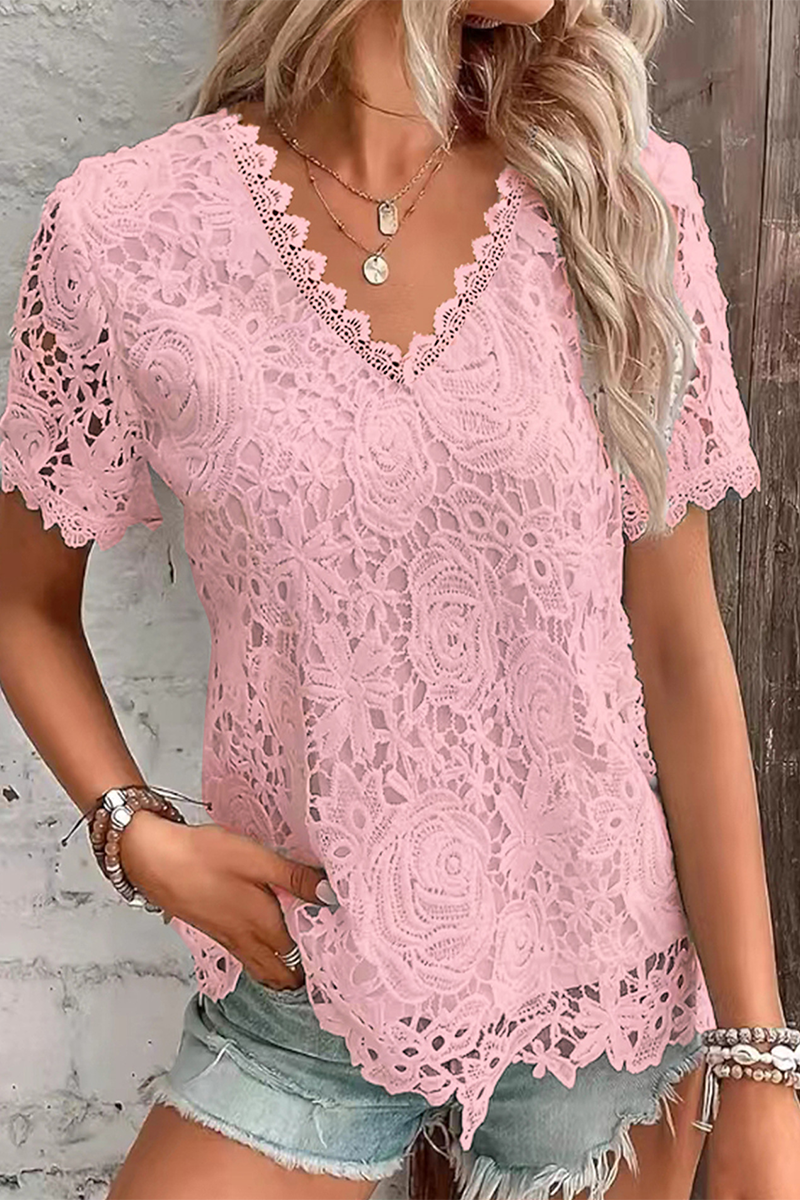 Daily Color Lace V Neck T-shirts(5 Colors)