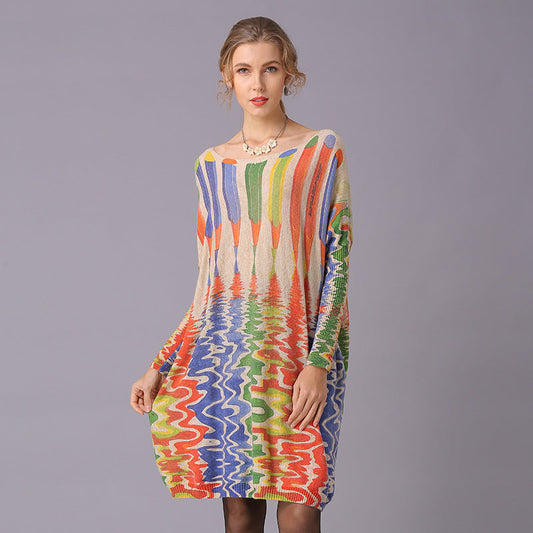 Autumn Winter Sweaters Loose Idle Pencil Print Pullover Mid Length Knitwear