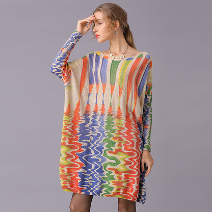 Autumn Winter Sweaters Loose Idle Pencil Print Pullover Mid Length Knitwear