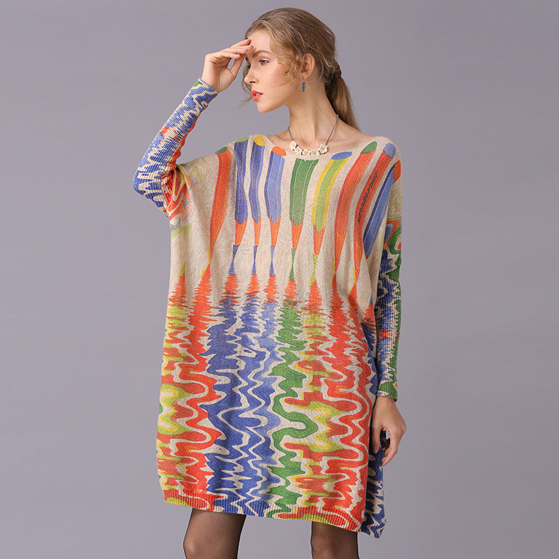 Autumn Winter Sweaters Loose Idle Pencil Print Pullover Mid Length Knitwear