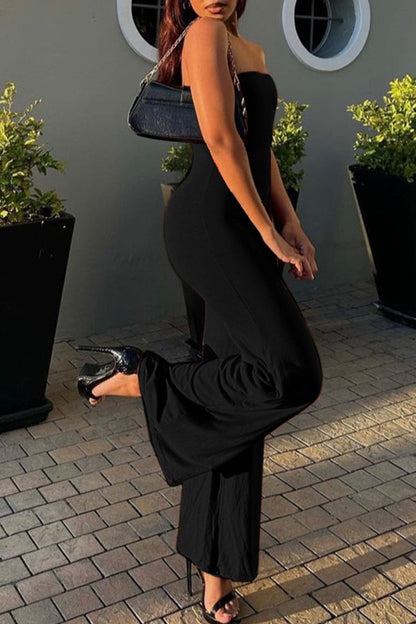 Color Backless Patchwork Strapless Regular Jumpsuits