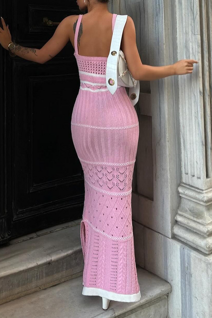 Stripe Slit Weave V Neck One Step Skirt Dresses(3 Colors)