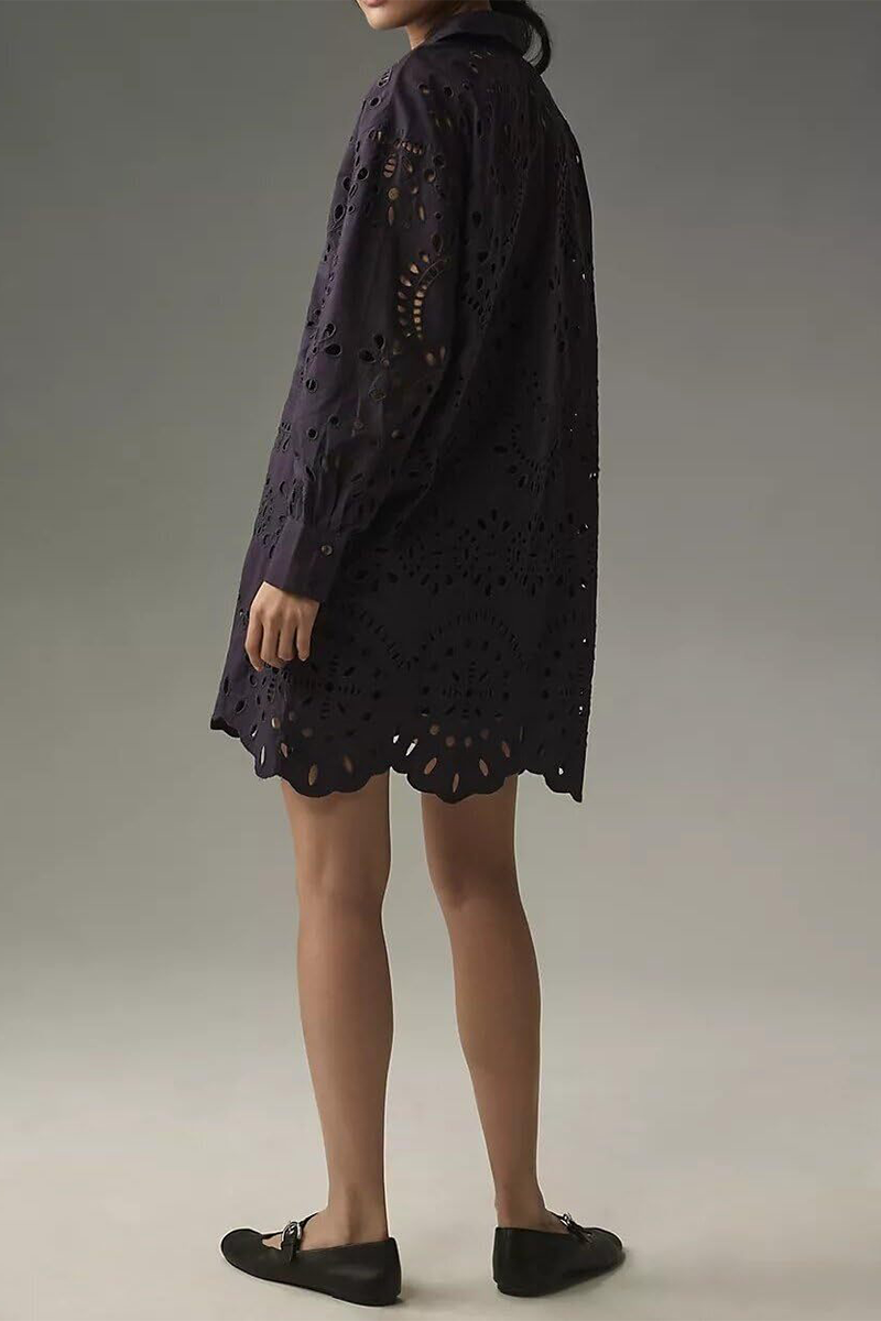 Daily Color Hollow Out Buckle Turndown Collar Blouses(4 Colors)