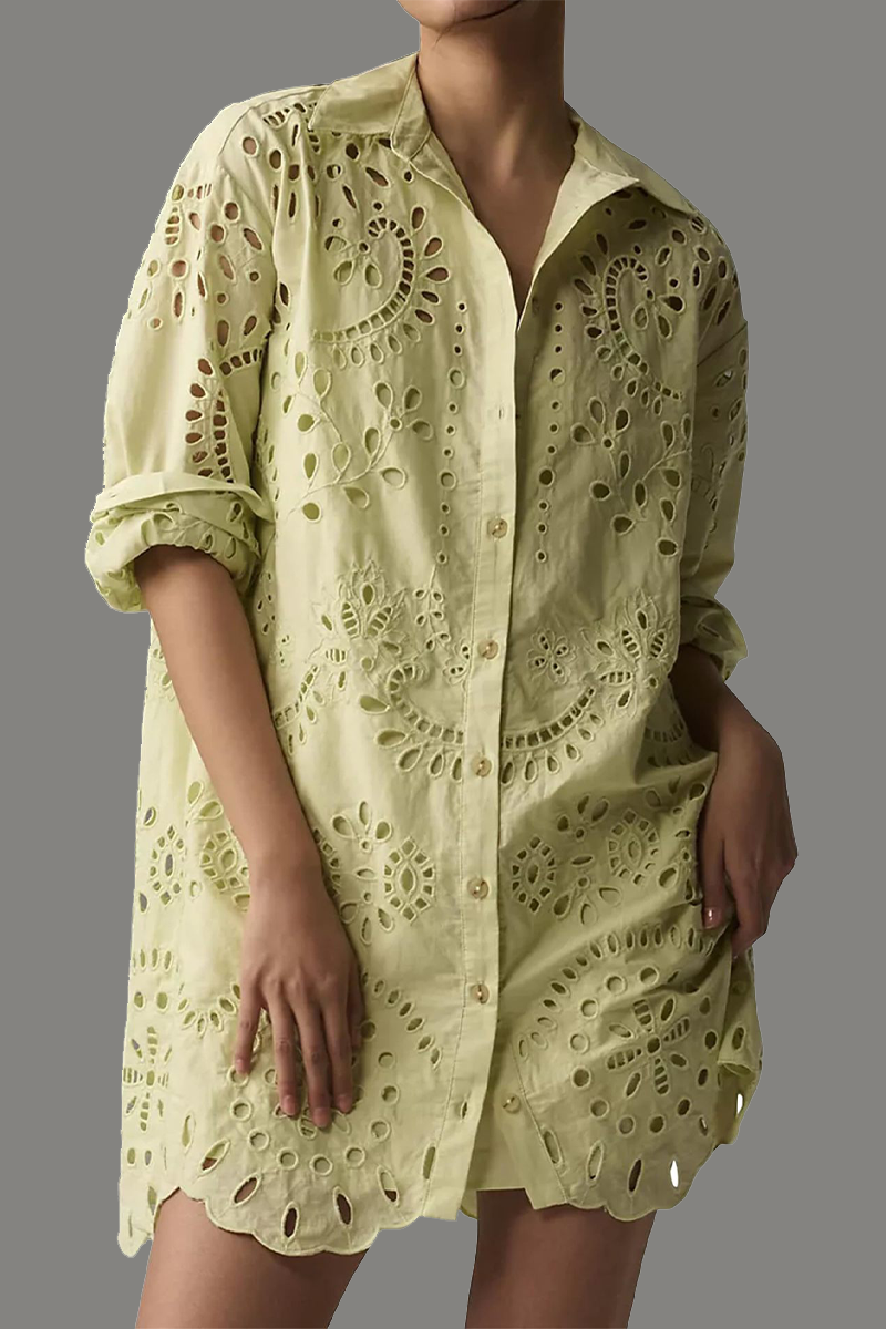 Daily Color Hollow Out Buckle Turndown Collar Blouses(4 Colors)