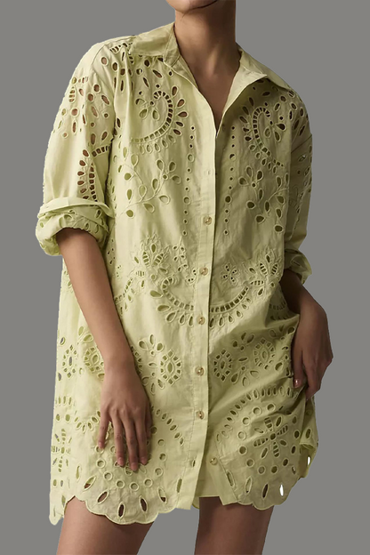 Daily Color Hollow Out Buckle Turndown Collar Blouses(4 Colors)