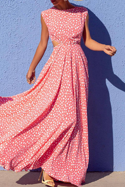 Polka Dot Print Hollow Out O Neck Long Dresses