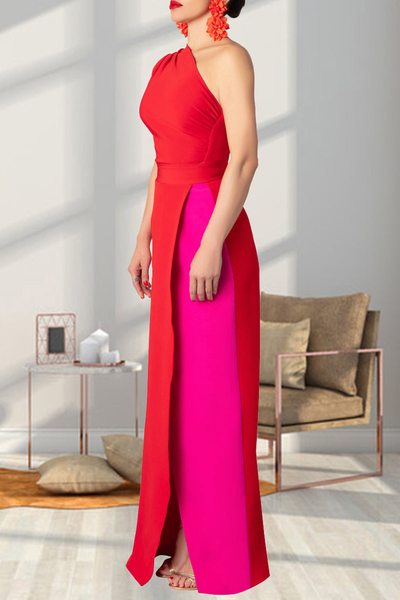 Street Color Backless High Slit Patchwork Contrast Oblique Collar Long Dresses