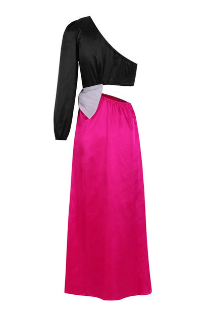 Patchwork Hollow Out Slit Bow Decor Oblique Collar Long Dresses