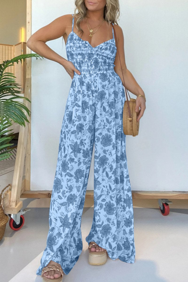 Print Backless Spaghetti Strap Regular Jumpsuits(6 Colors)