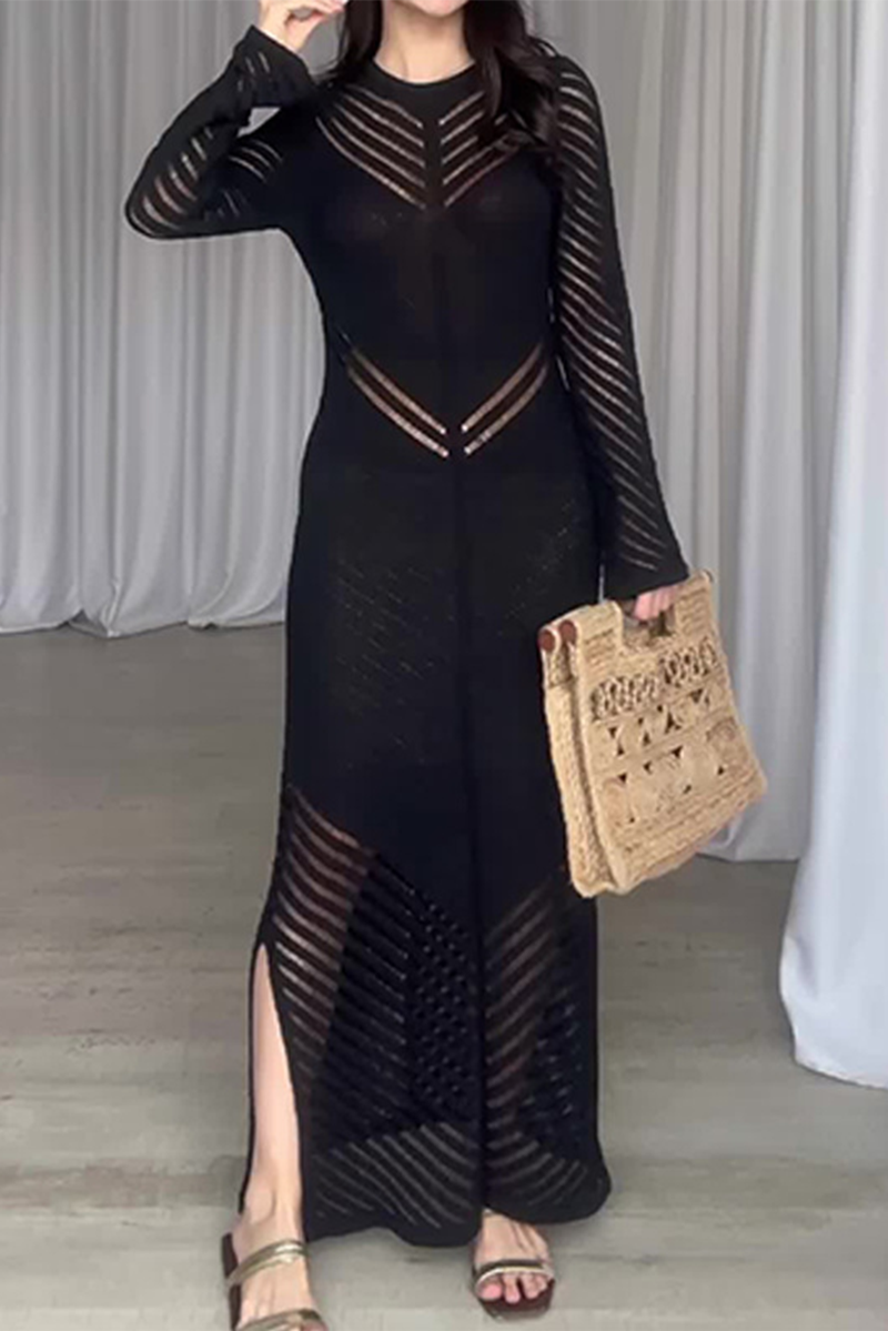 Daily Color Hollow Out Stringy Selvedge O Neck Wrapped Skirt Dresses