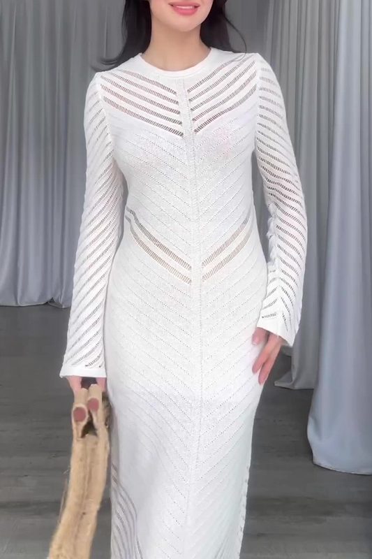 Daily Color Hollow Out Stringy Selvedge O Neck Wrapped Skirt Dresses