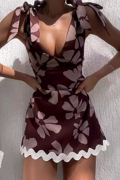 Flowers Print Lace Up Patchwork V Neck Mini Dresses