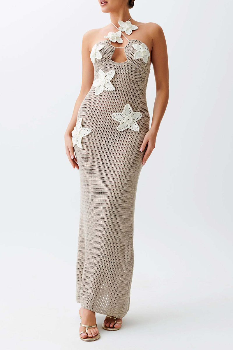 Color Flowers Knit Halter One Step Skirt Dresses(3 Colors)