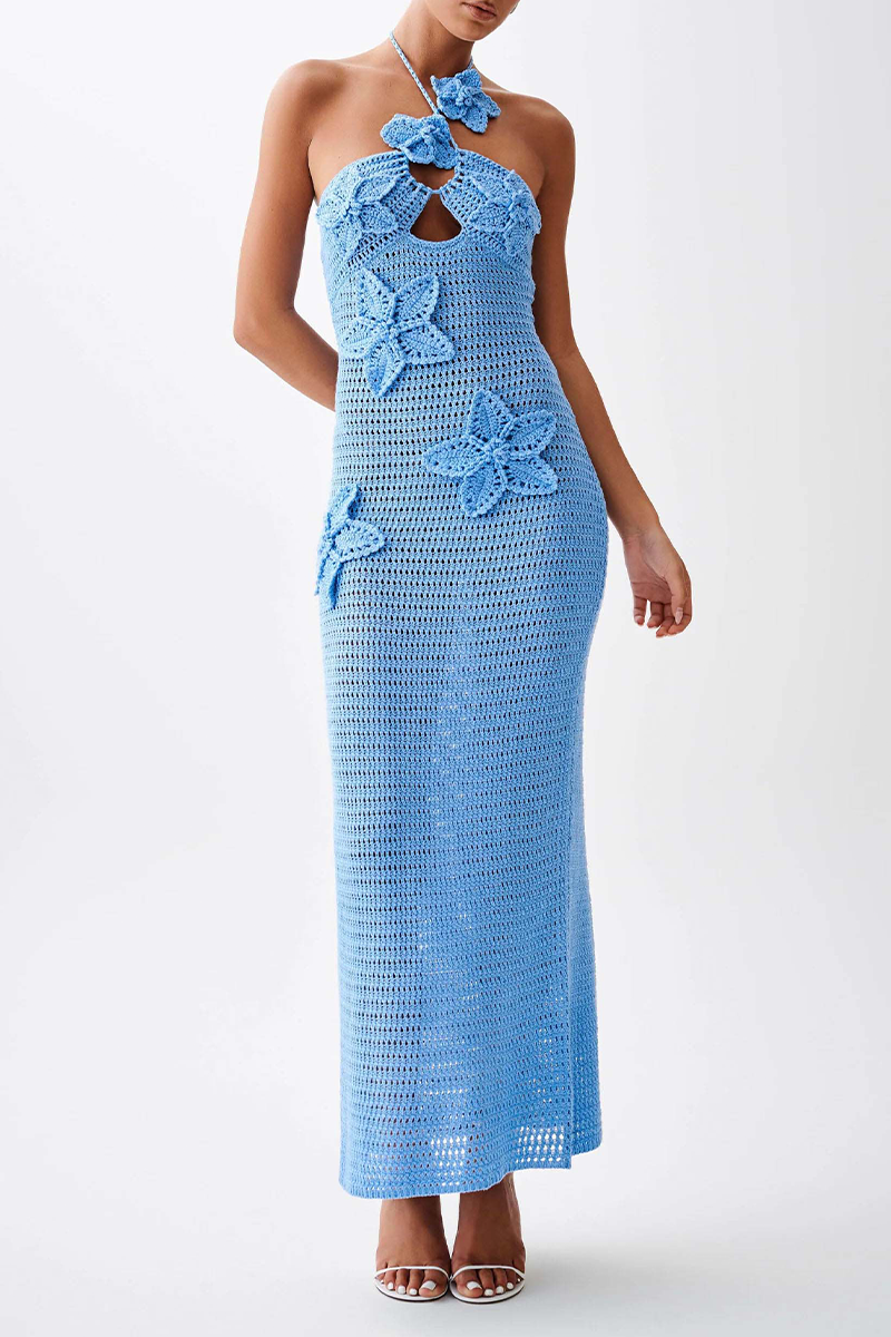 Color Flowers Knit Halter One Step Skirt Dresses(3 Colors)