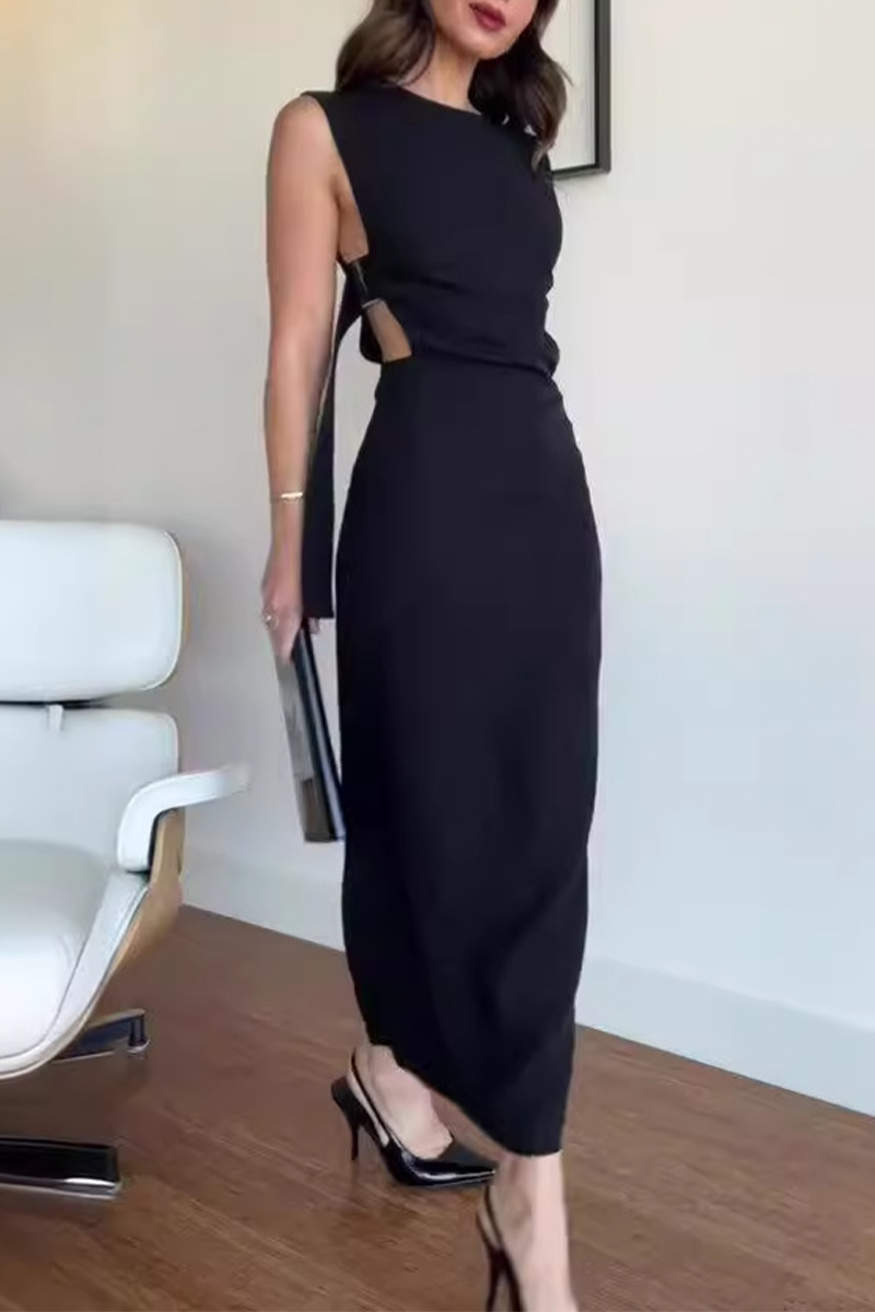 Street Color Hollow Out Slit O Neck One Step Skirt Dresses