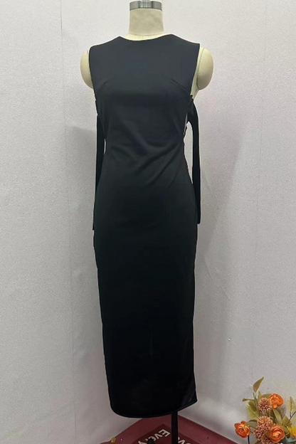Street Color Hollow Out Slit O Neck One Step Skirt Dresses