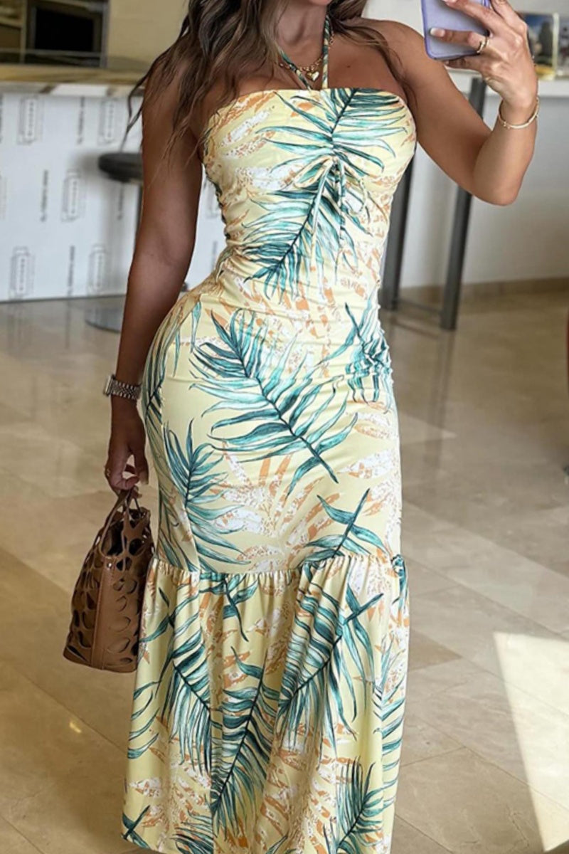 Print Backless Strapless Long Dresses