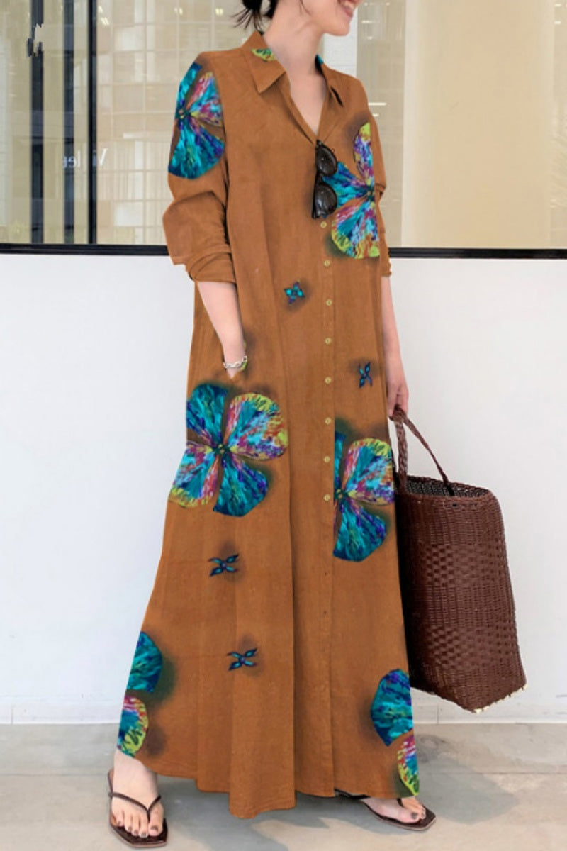 Print Basic Shirt Collar Long Dresses(4 Colors)