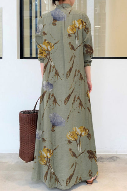 Print Patchwork Shirt Collar Long Dresses