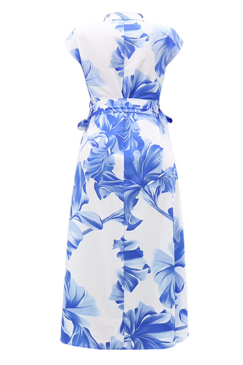 Print Buttons Turndown Collar Long Dresses
