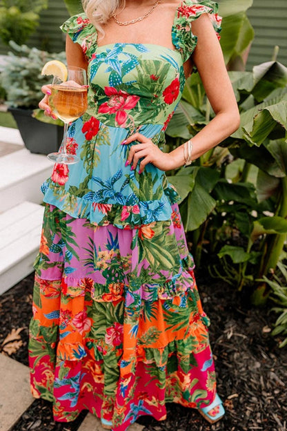Print Patchwork Backless Square Neck Long Dresses