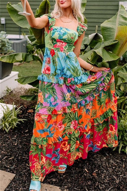 Print Patchwork Backless Square Neck Long Dresses