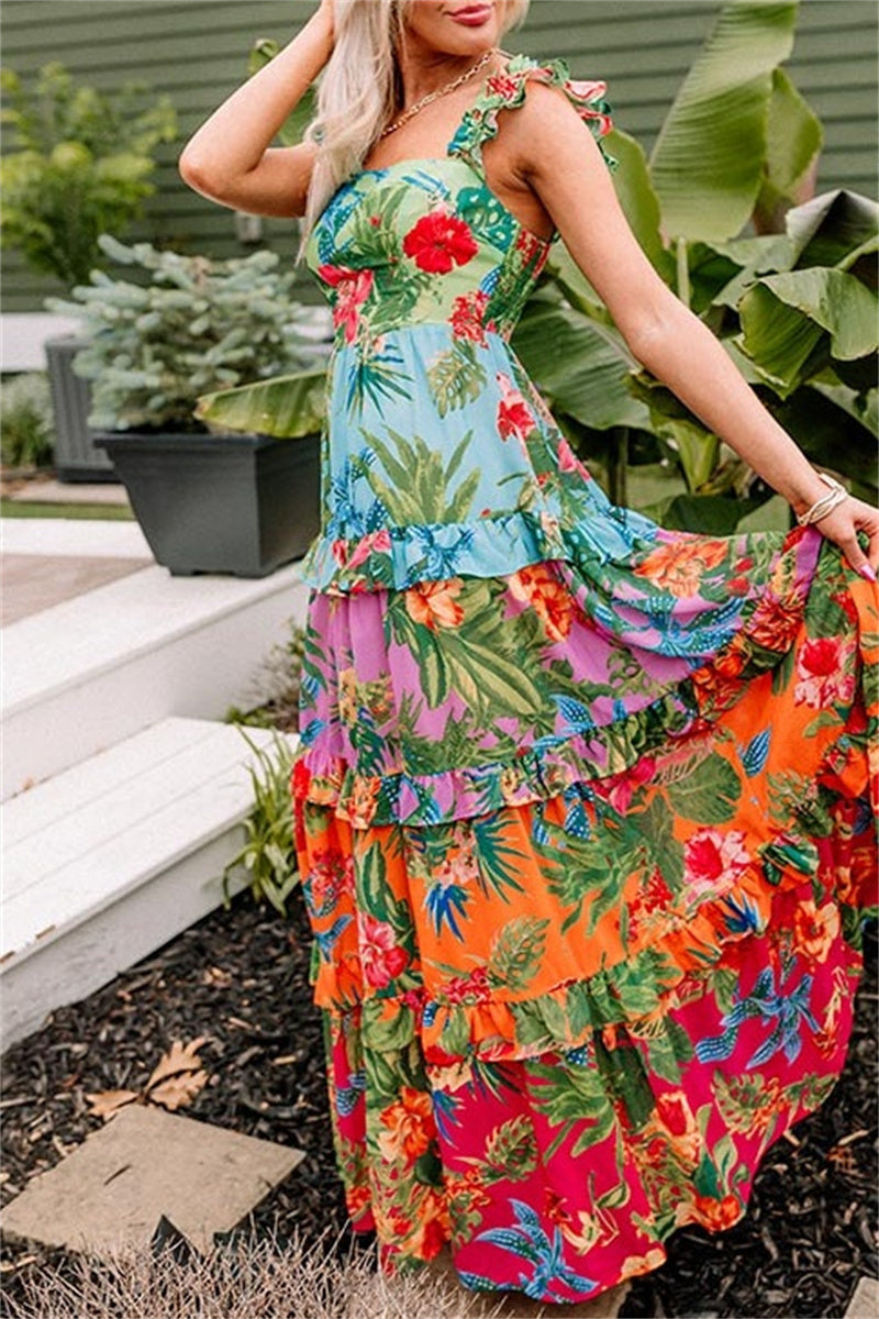 Print Patchwork Backless Square Neck Long Dresses