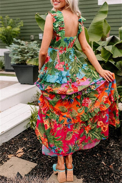 Print Patchwork Backless Square Neck Long Dresses
